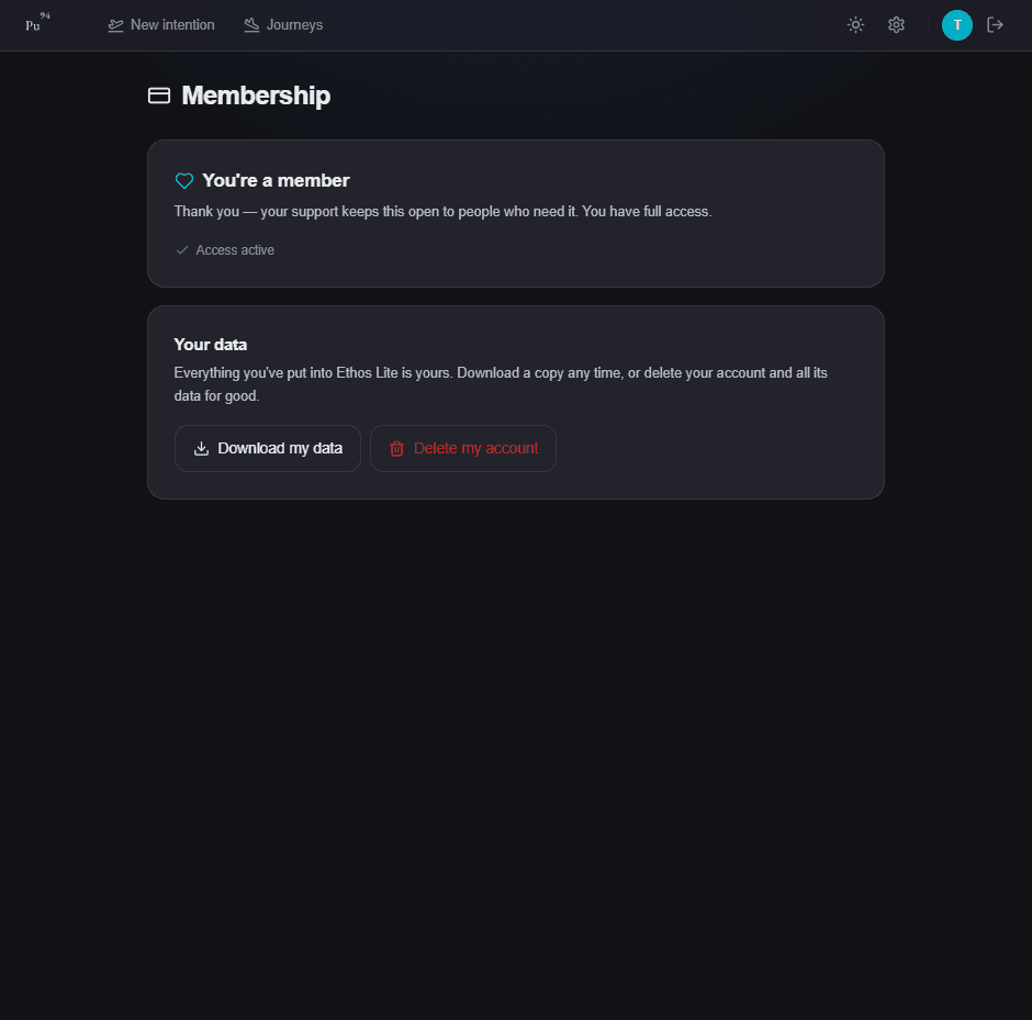 The membership screen — download my data, delete my account