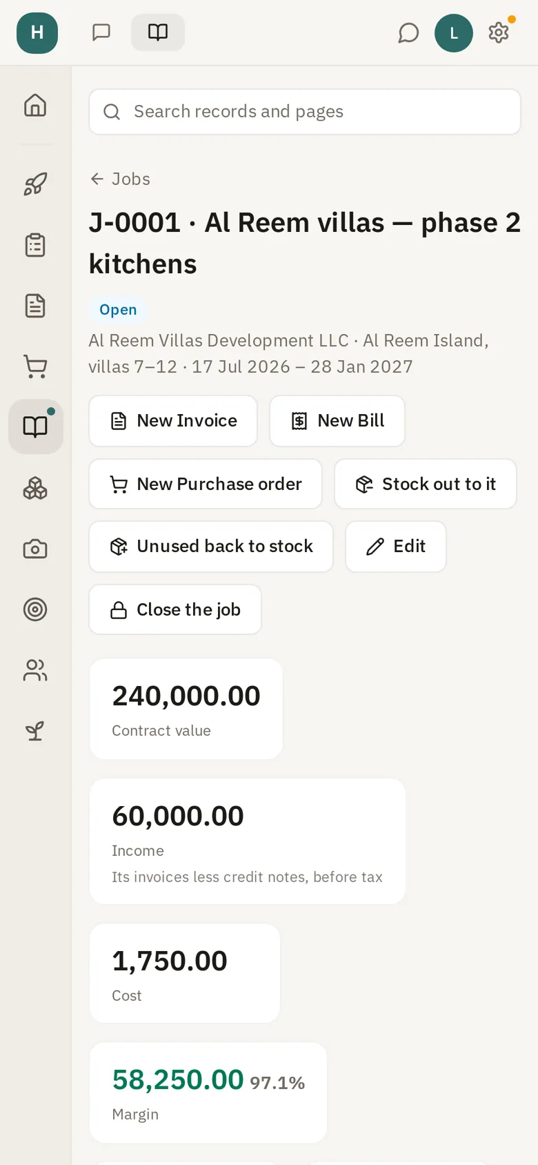 A job: contract value, costs, margin, hours and progress claims